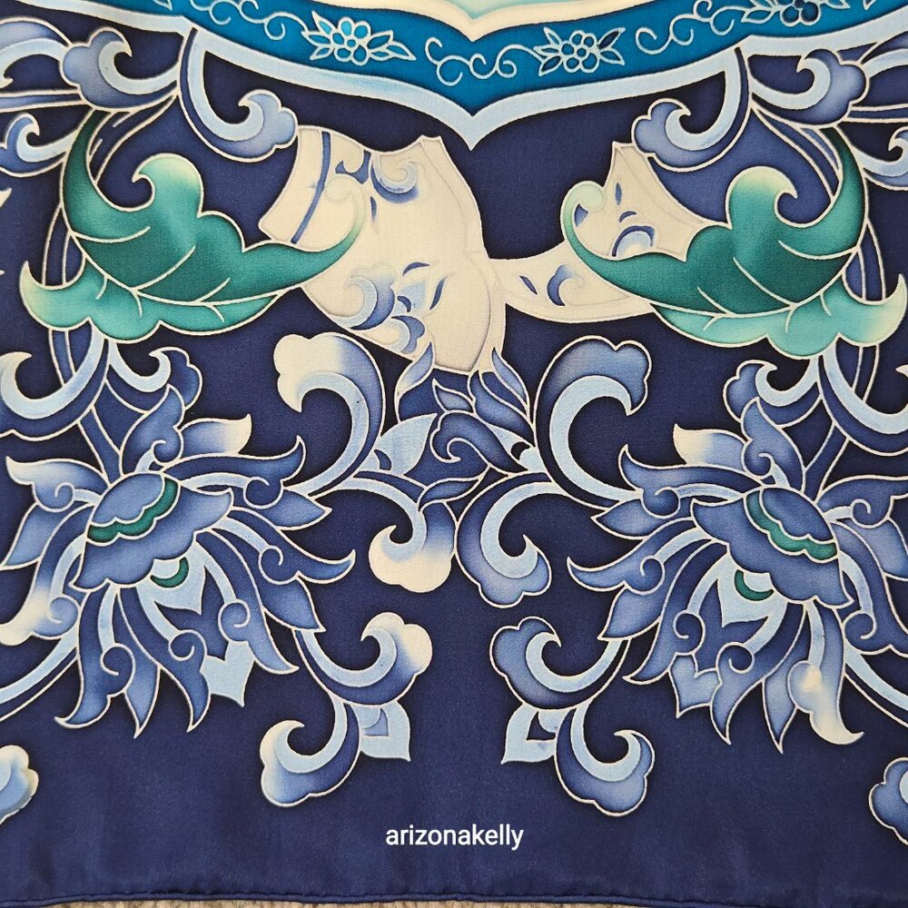 Large Silk Scarf Hand-Rolled Hems Blue - Picture 5 of 12